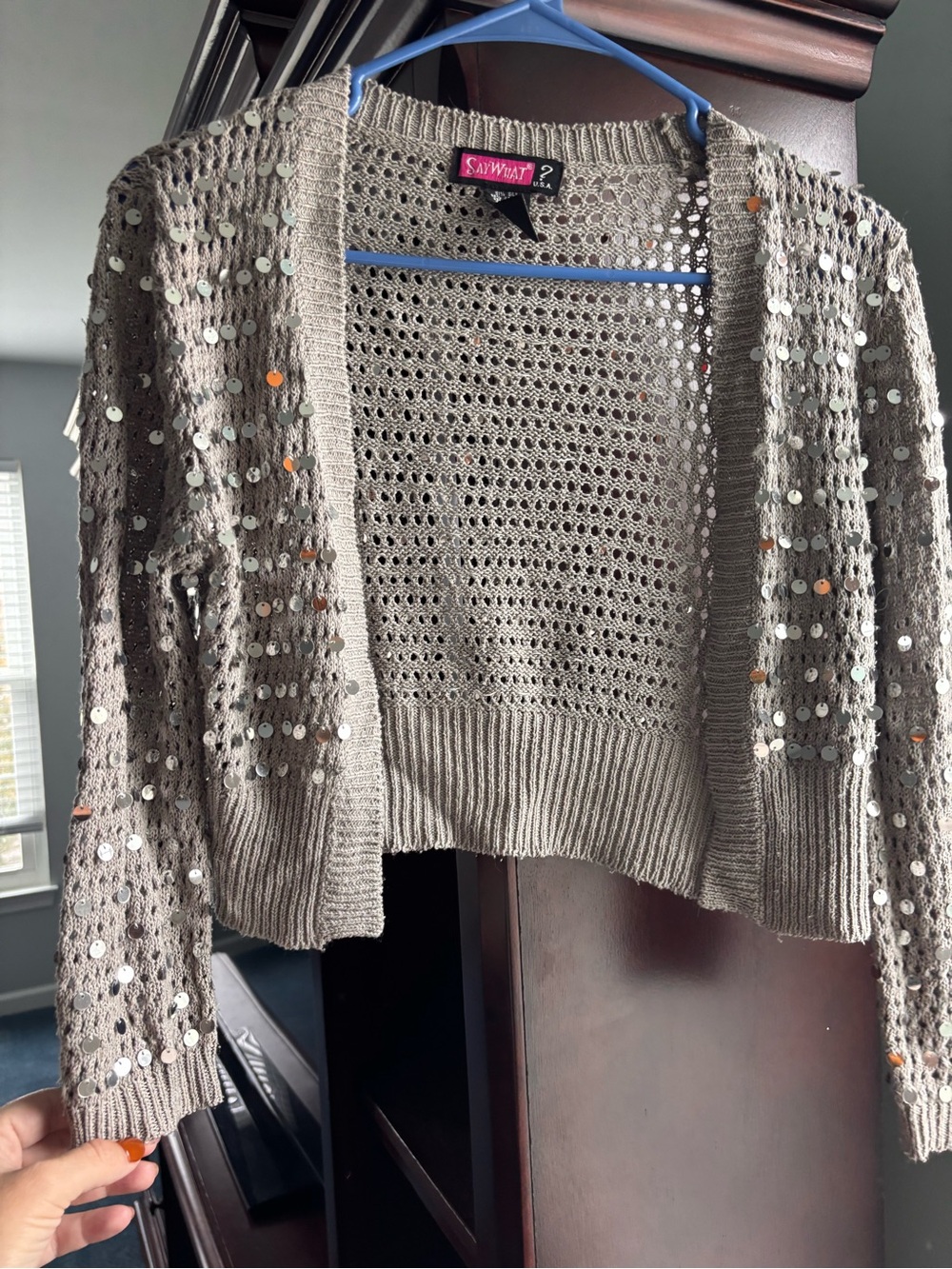 Say What? Grey Silver Sequin Open Knit Cropped Cardigan